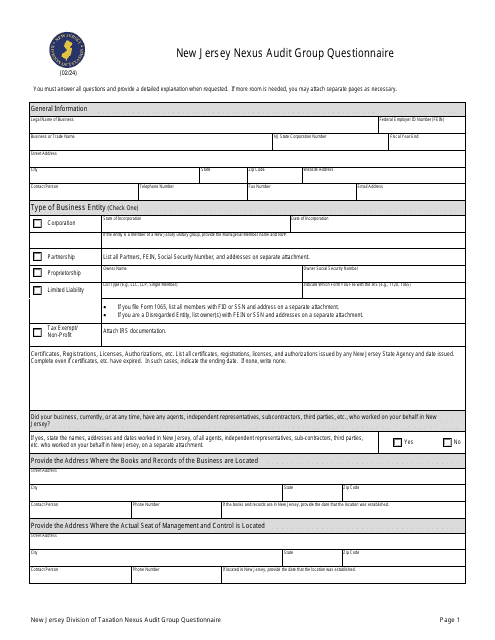 New Jersey Nexus Audit Group Questionnaire - New Jersey Download Pdf