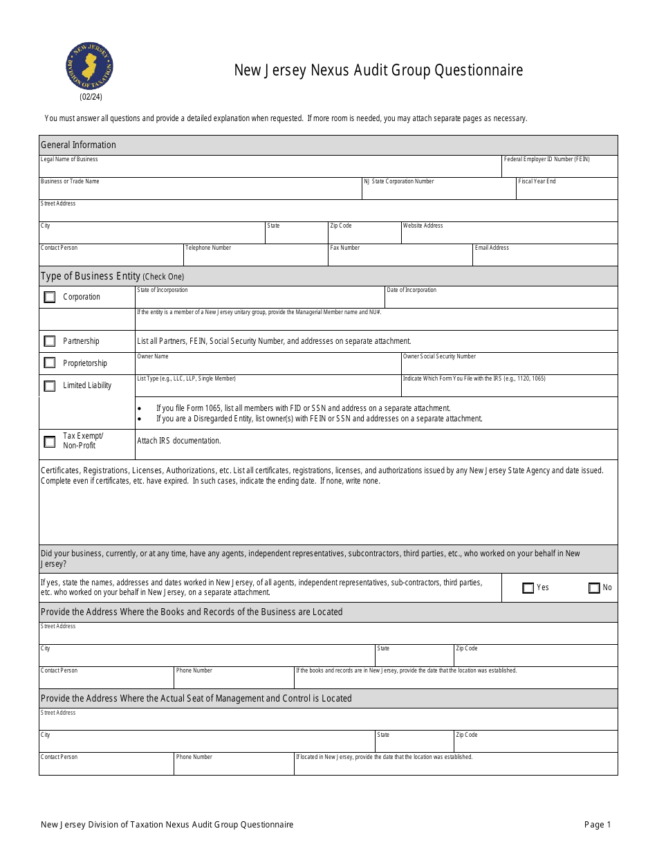 New Jersey Nexus Audit Group Questionnaire - New Jersey, Page 1