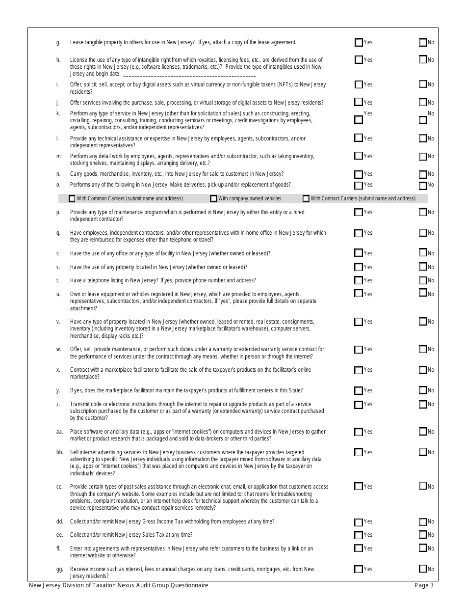 New Jersey Nexus Audit Group Questionnaire - New Jersey, Page 3