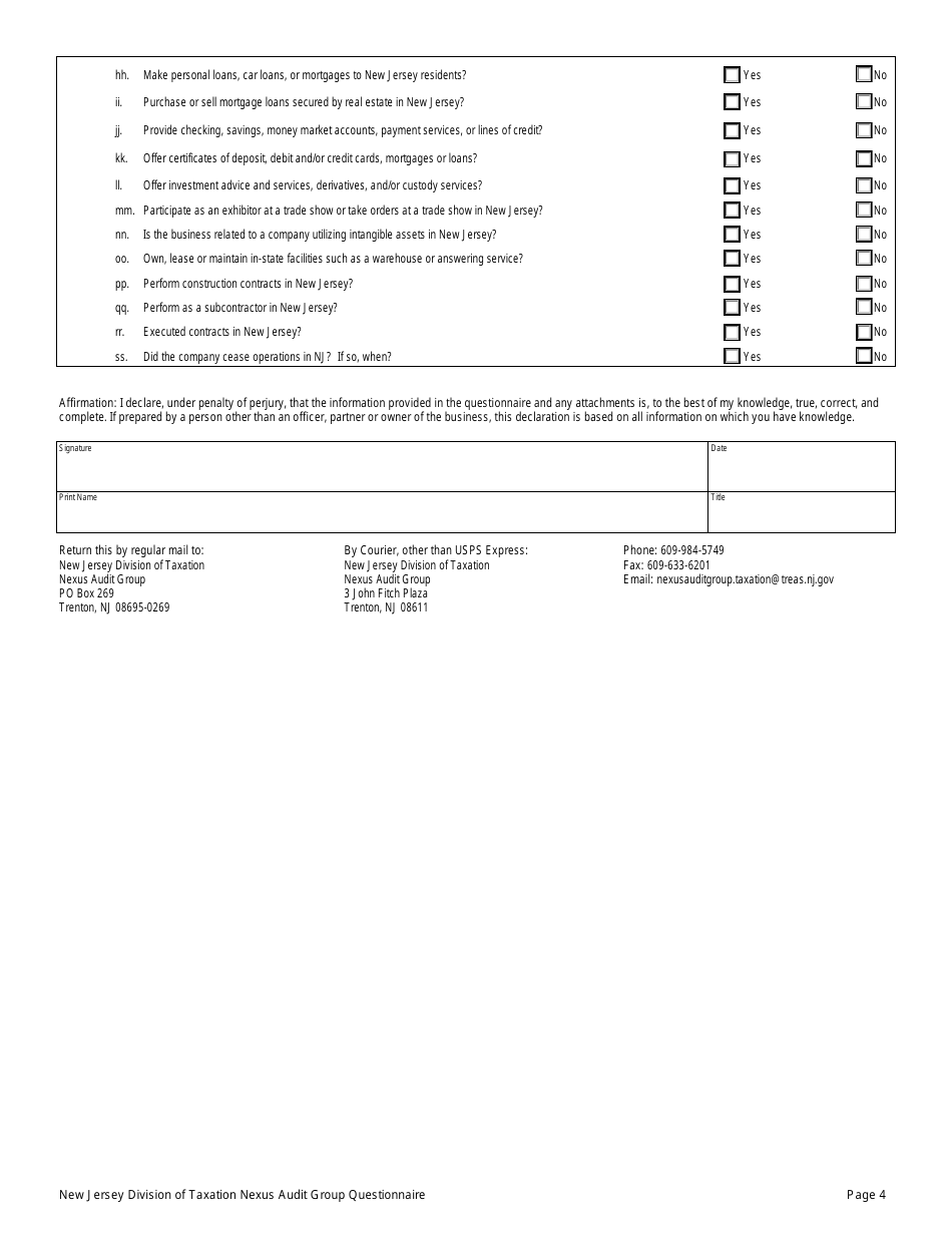New Jersey Nexus Audit Group Questionnaire - New Jersey, Page 4