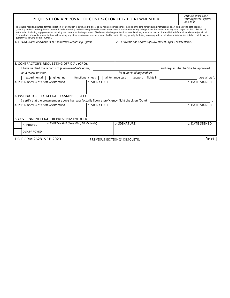 DD Form 2628 Request for Approval of Contractor Flight Crewmember, Page 1