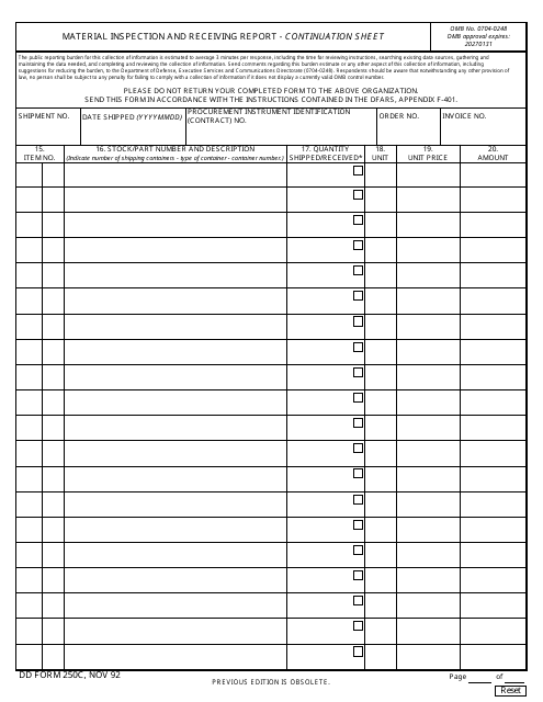 DD Form 250C Material Inspection and Receiving Report - Continuation Sheet