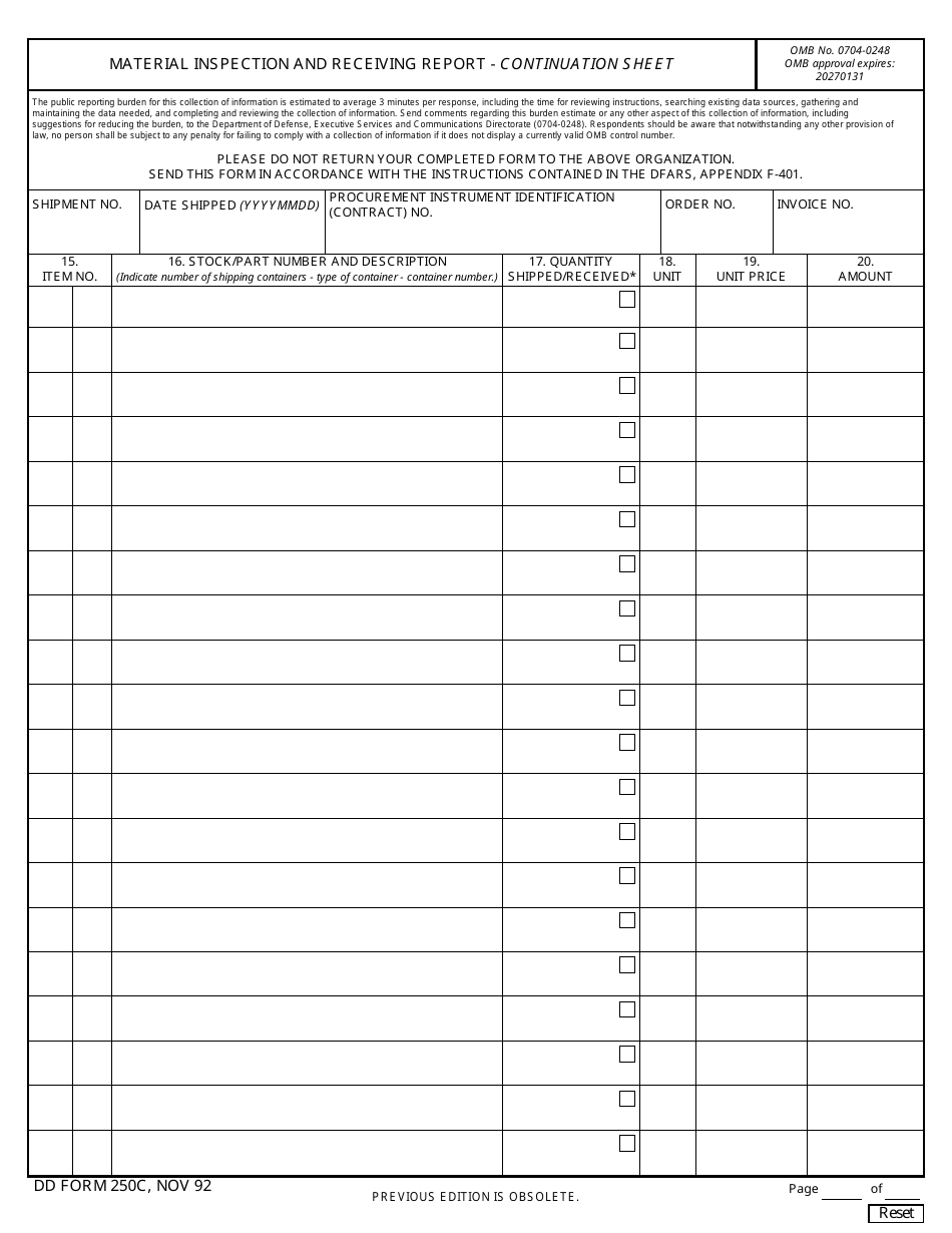 DD Form 250C Material Inspection and Receiving Report - Continuation Sheet, Page 1