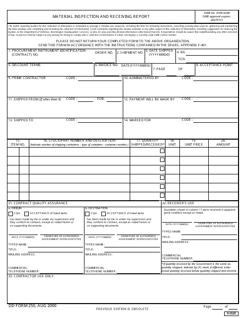 DD Form 250 Material Inspection and Receiving Report