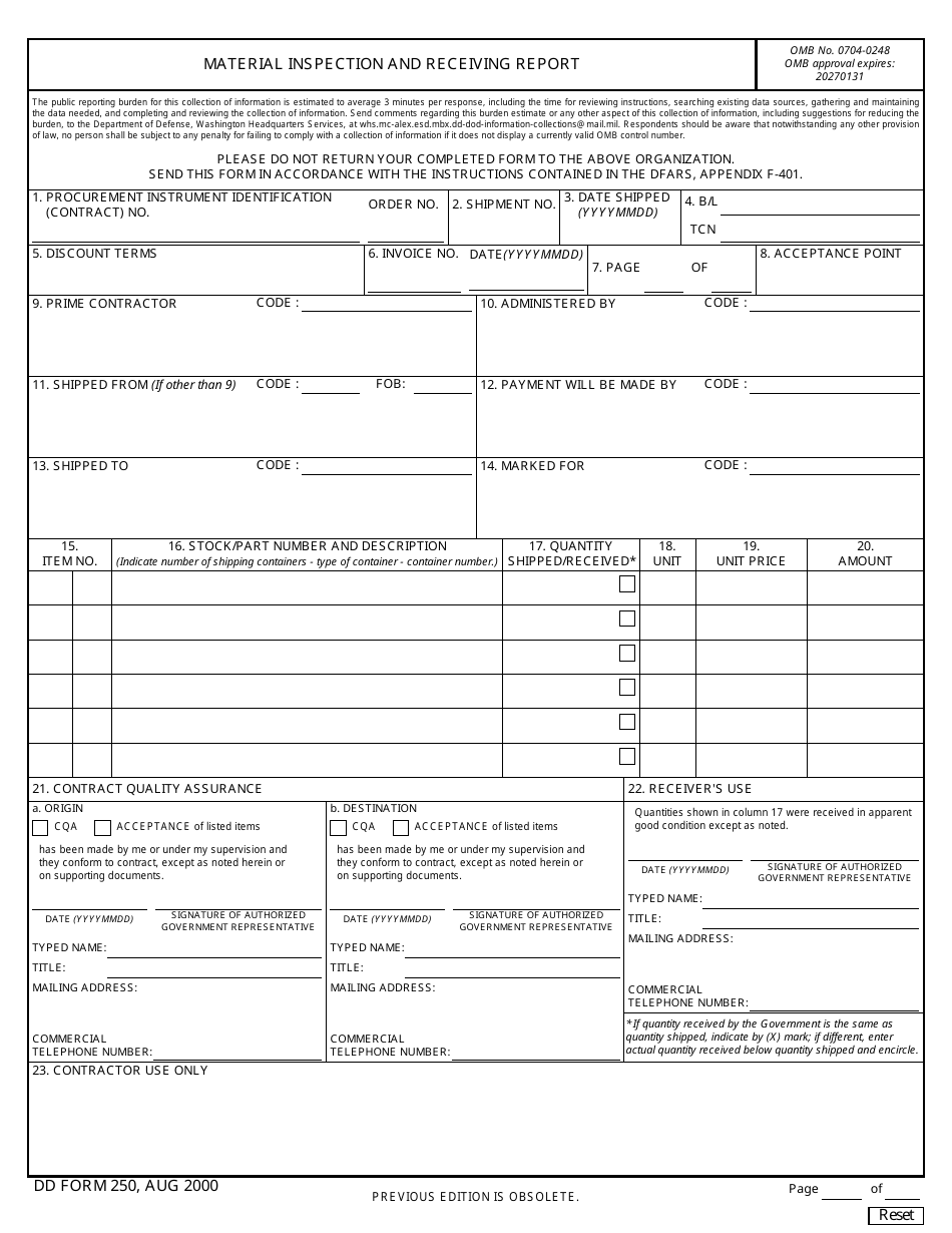 DD Form 250 Material Inspection and Receiving Report, Page 1