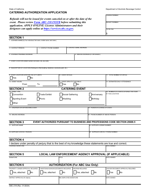 Form ABC-218 Catering Authorization Application - California