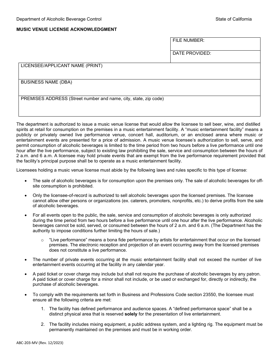 Form ABC-203-MV Music Venue License Acknowledgment - California, Page 1