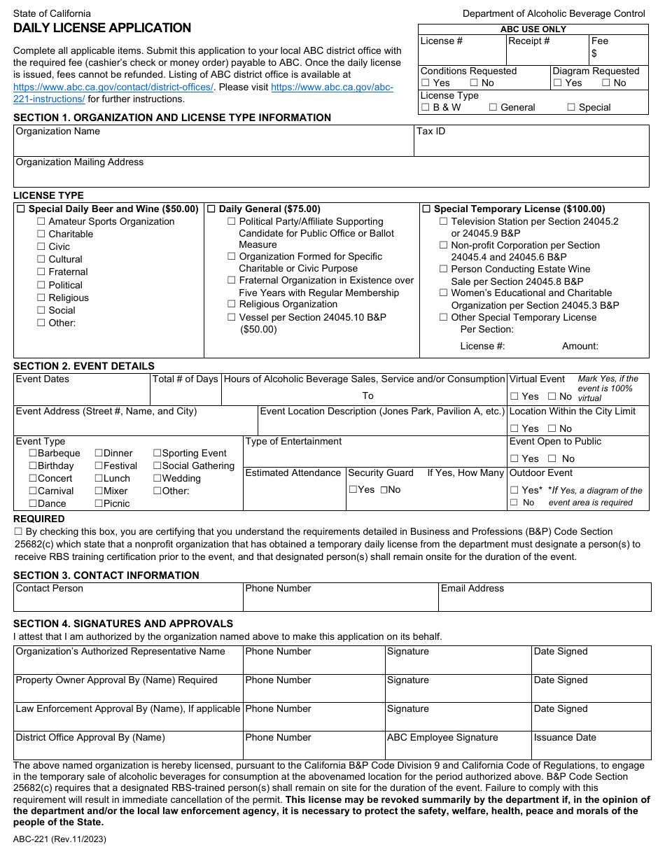 Form ABC-221 Daily License Application - California, Page 1