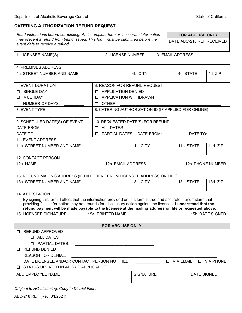 Form ABC-218 REF Catering Authorization Refund Request - California, Page 1