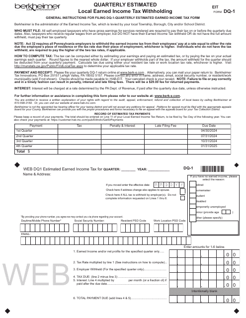 Form DQ-1 Quarterly Estimated Local Earned Income Tax Withholding - Pennsylvania, 2024