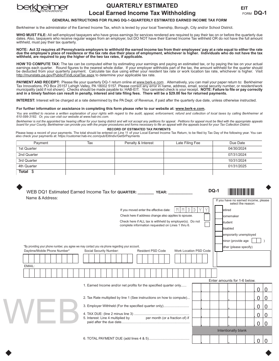 Form DQ-1 Quarterly Estimated Local Earned Income Tax Withholding - Pennsylvania, Page 1