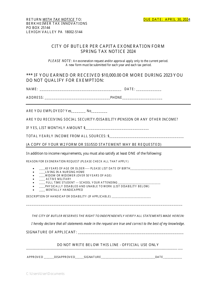 City of Butler Per Capita Exoneration Form - Pennsylvania, Page 1