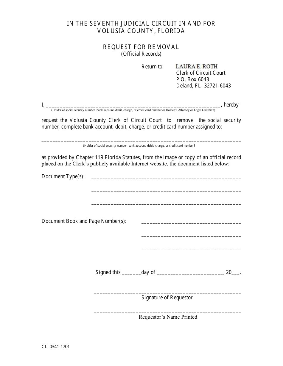 Form CL-0341-1701 Request for Removal (Official Records) - Volusia County, Florida, Page 1