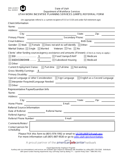 Form DWS-USOR9 Utah Work Incentive Planning Services (Uwips) Referral Form - Utah