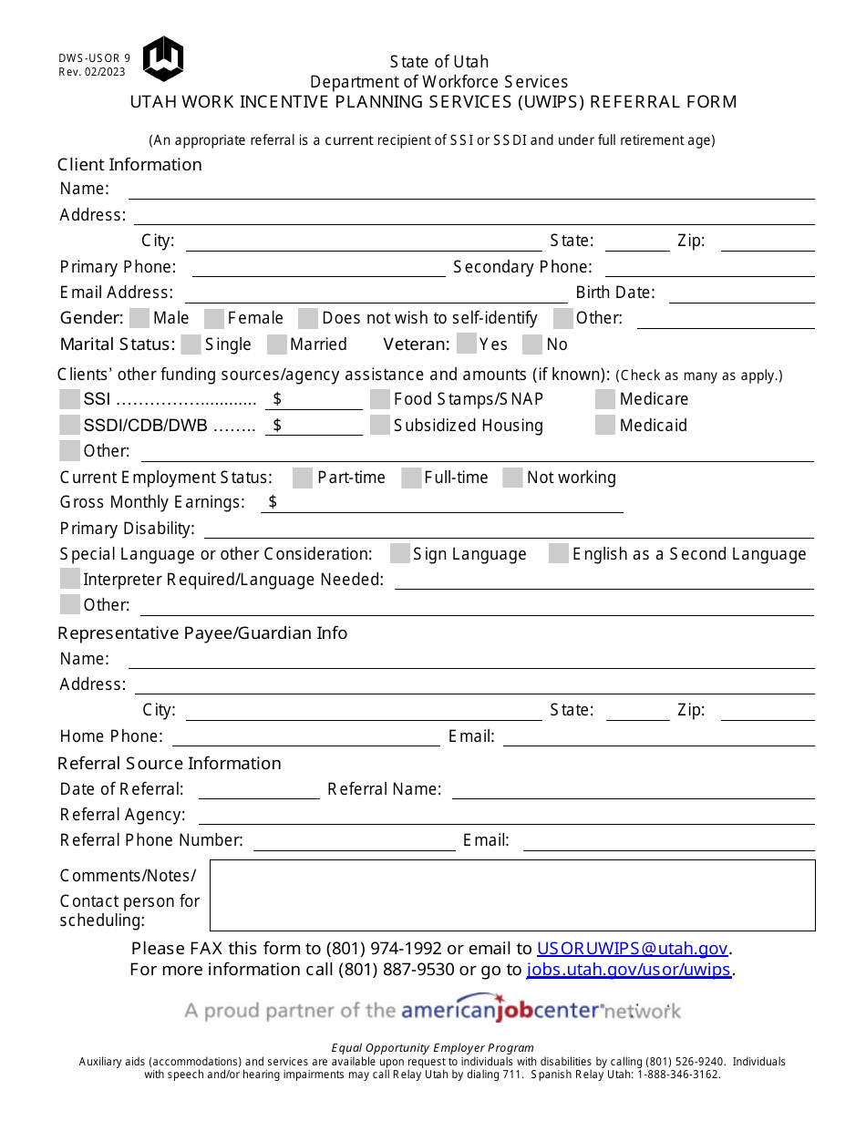 Form DWS-USOR9 Utah Work Incentive Planning Services (Uwips) Referral Form - Utah, Page 1