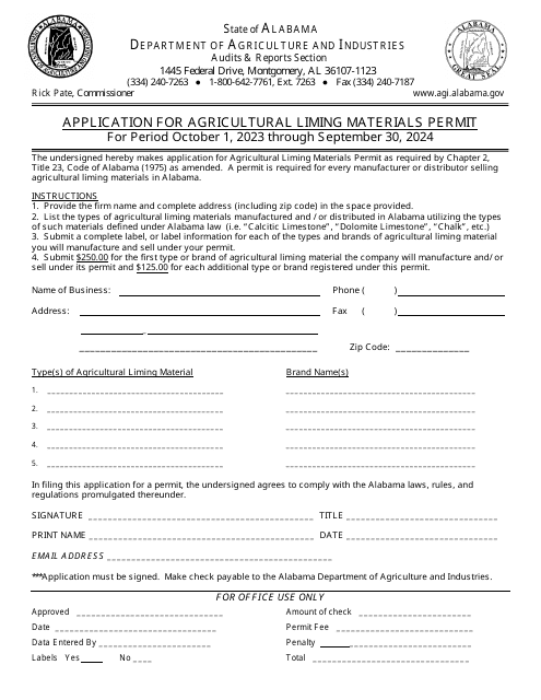Application for Agricultural Liming Materials Permit - Alabama Download Pdf