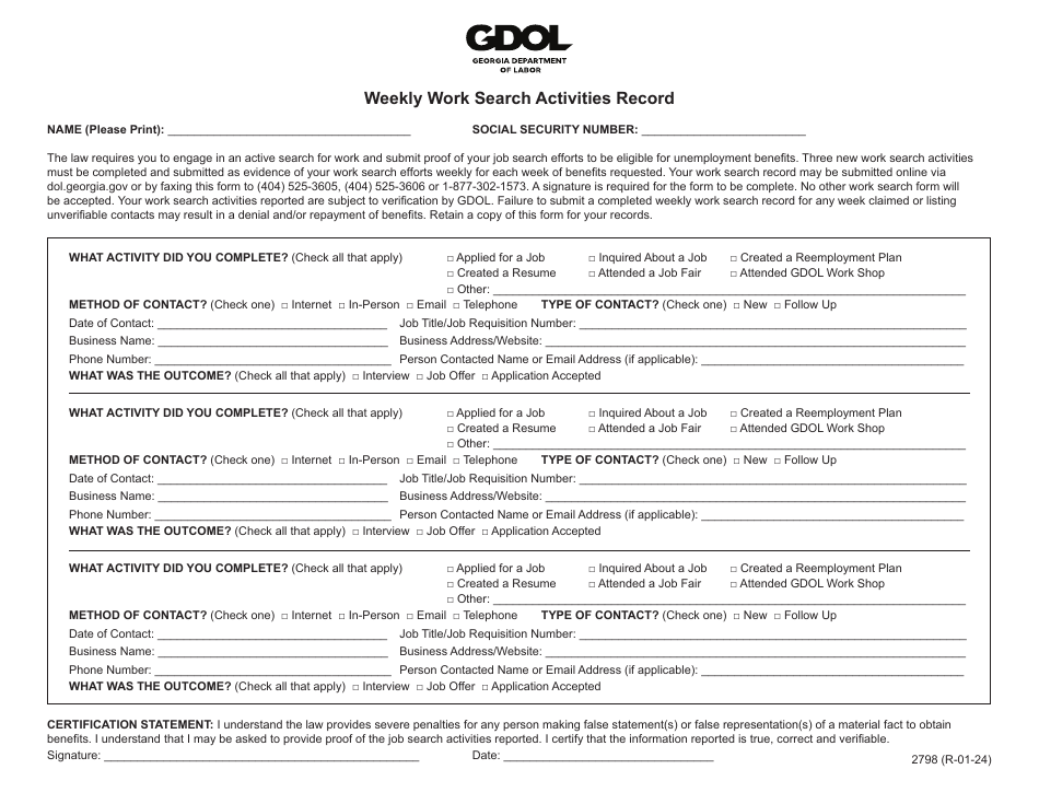 Form 2798 Weekly Work Search Activities Record - Georgia (United States), Page 1