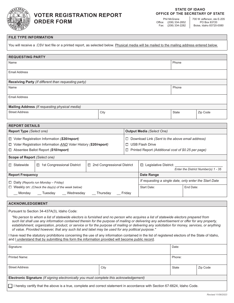 Voter Registration Report Order Form - Idaho, Page 1
