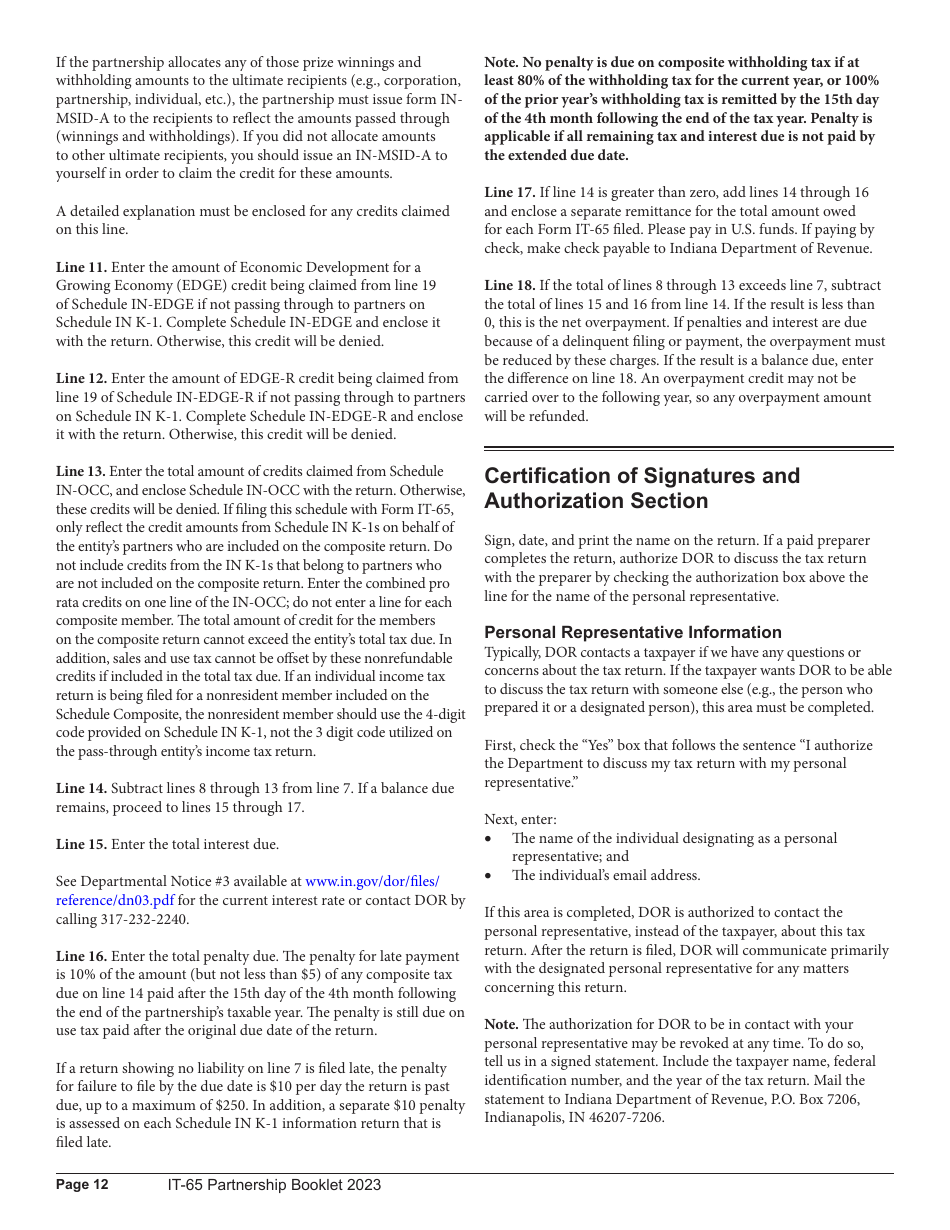 Instructions for Form IT-65, State Form 11800 Indiana Partnership Return - Indiana, Page 12