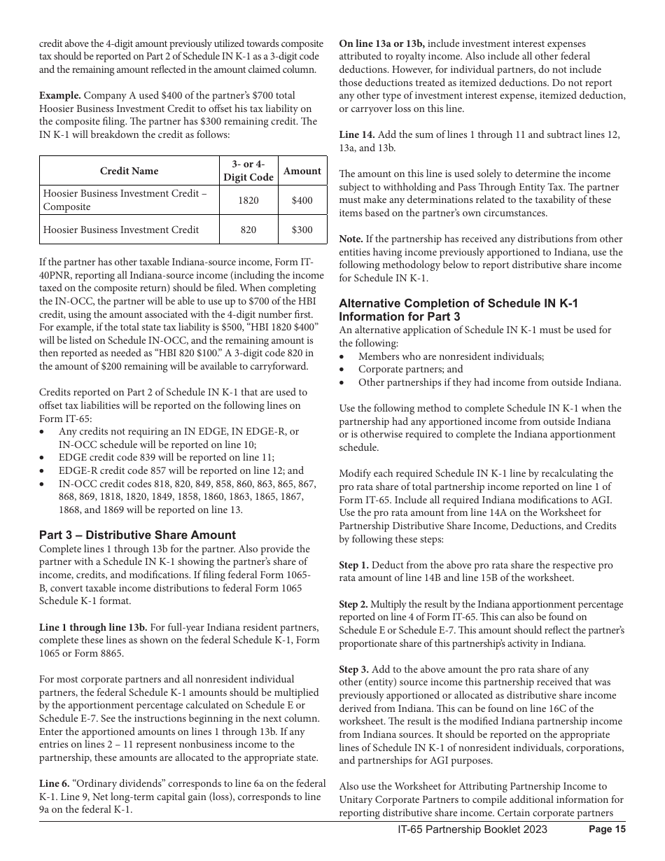 Instructions for Form IT-65, State Form 11800 Indiana Partnership Return - Indiana, Page 15