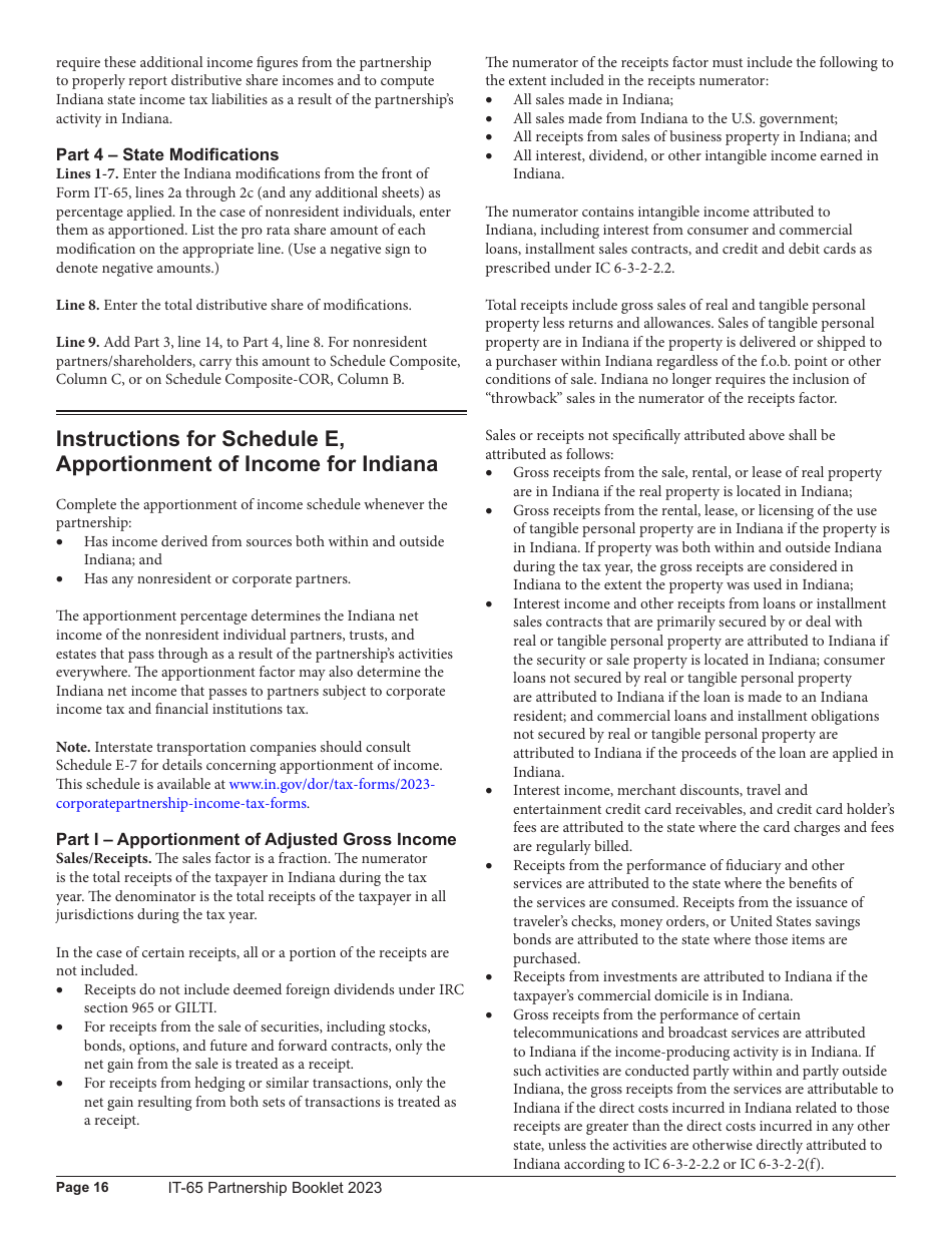Instructions for Form IT-65, State Form 11800 Indiana Partnership Return - Indiana, Page 16