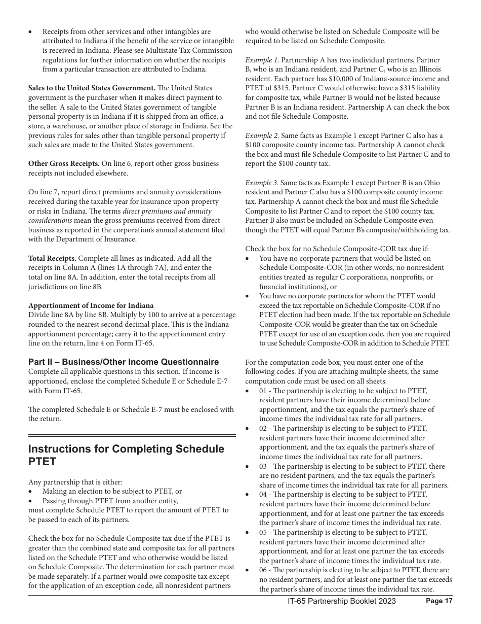 Instructions for Form IT-65, State Form 11800 Indiana Partnership Return - Indiana, Page 17
