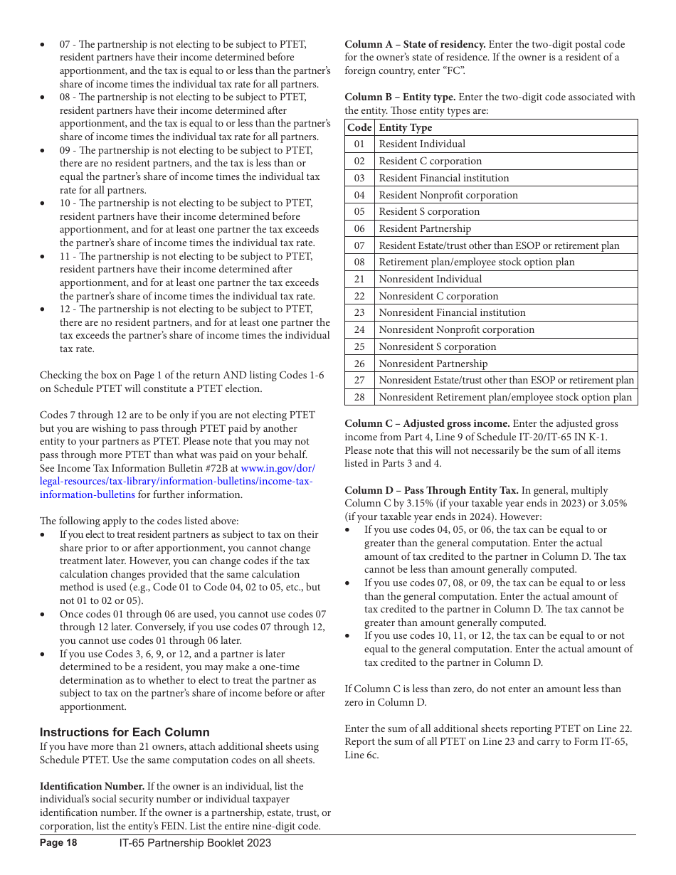Instructions for Form IT-65, State Form 11800 Indiana Partnership Return - Indiana, Page 18