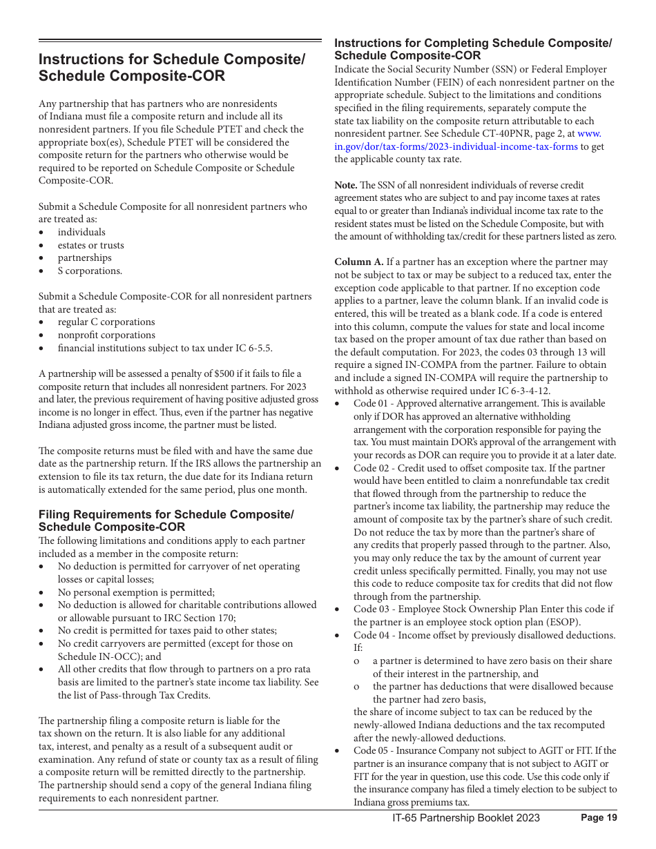 Instructions for Form IT-65, State Form 11800 Indiana Partnership Return - Indiana, Page 19