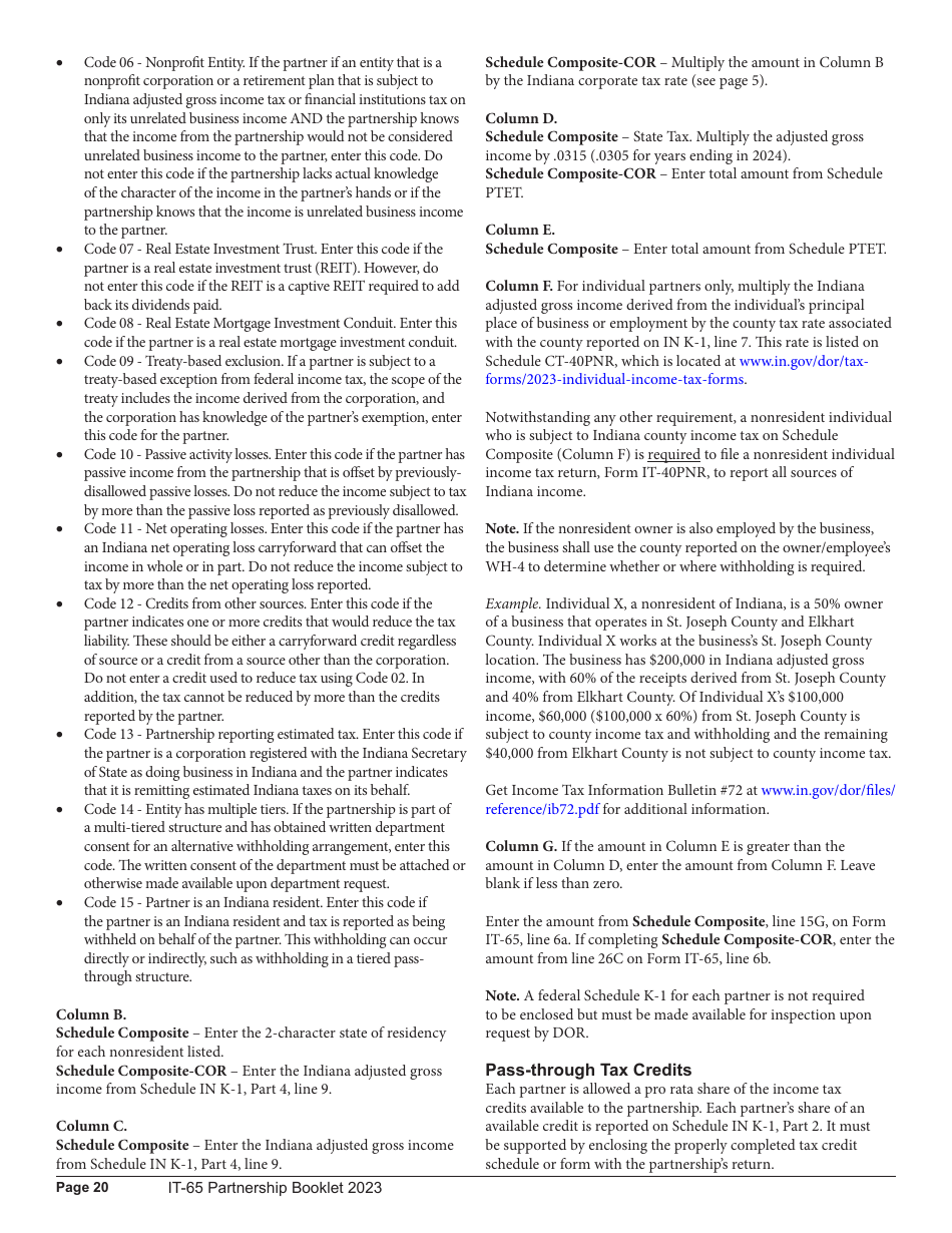 Instructions for Form IT-65, State Form 11800 Indiana Partnership Return - Indiana, Page 20
