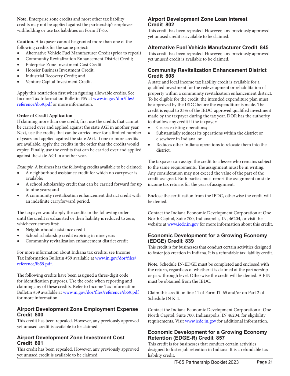 Instructions for Form IT-65, State Form 11800 Indiana Partnership Return - Indiana, Page 21