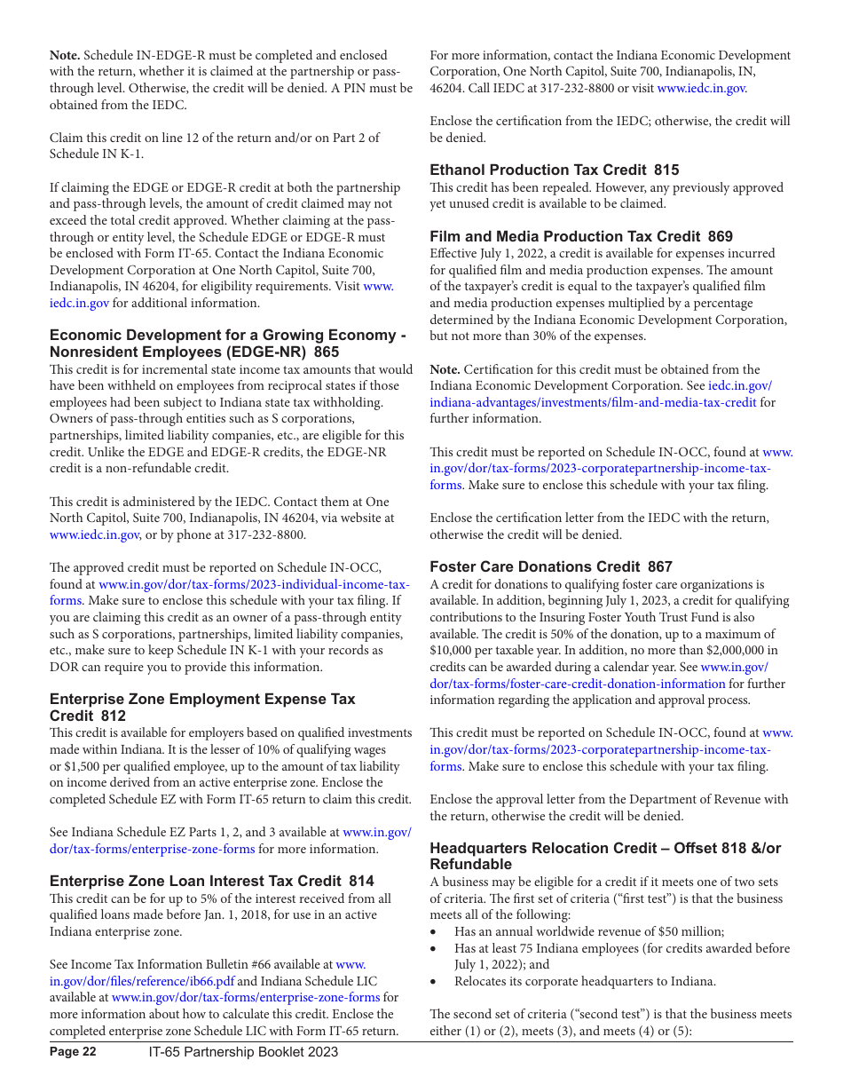 Instructions for Form IT-65, State Form 11800 Indiana Partnership Return - Indiana, Page 22