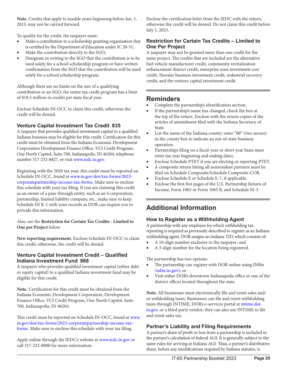 Instructions for Form IT-65, State Form 11800 Indiana Partnership Return - Indiana, Page 25