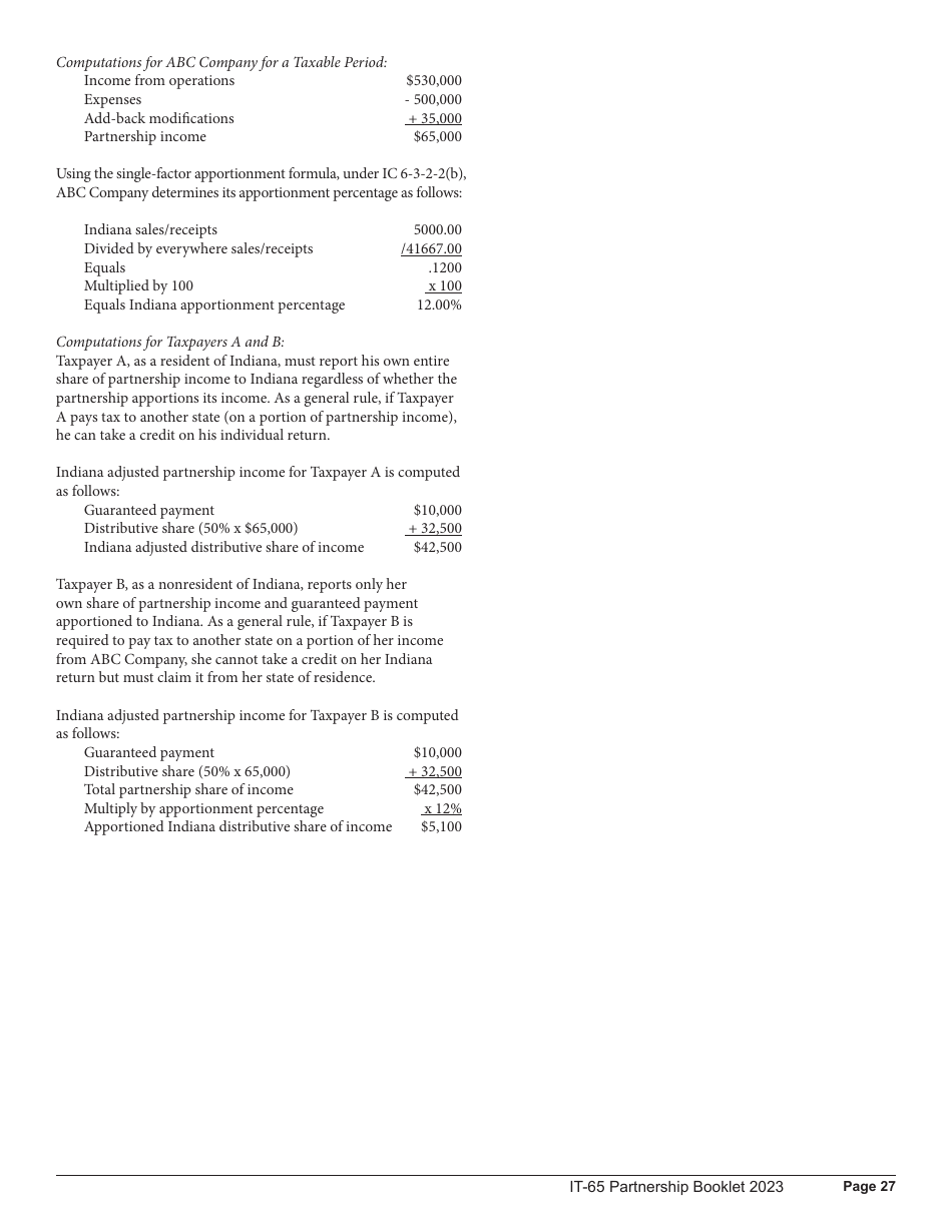 Instructions for Form IT-65, State Form 11800 Indiana Partnership Return - Indiana, Page 27