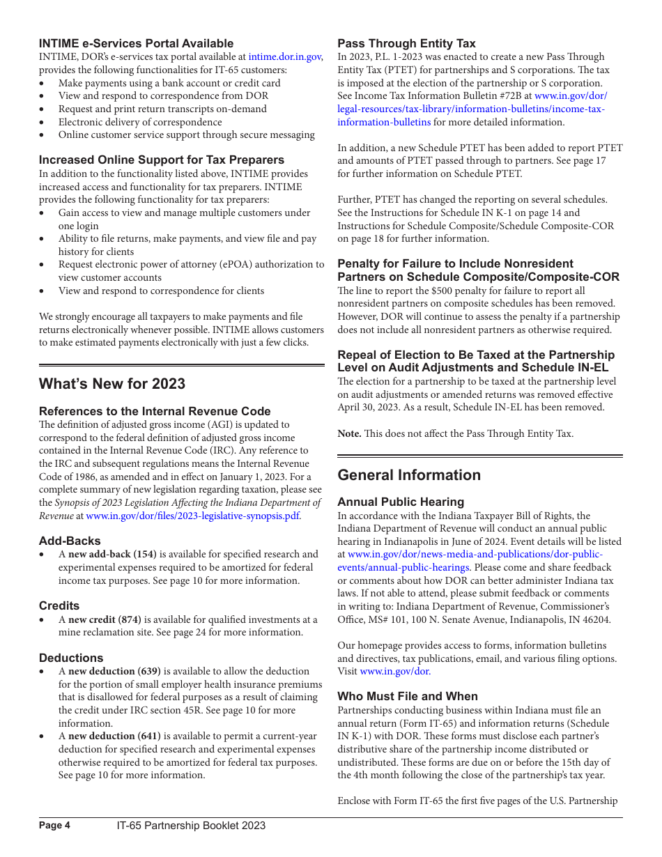 Instructions for Form IT-65, State Form 11800 Indiana Partnership Return - Indiana, Page 4