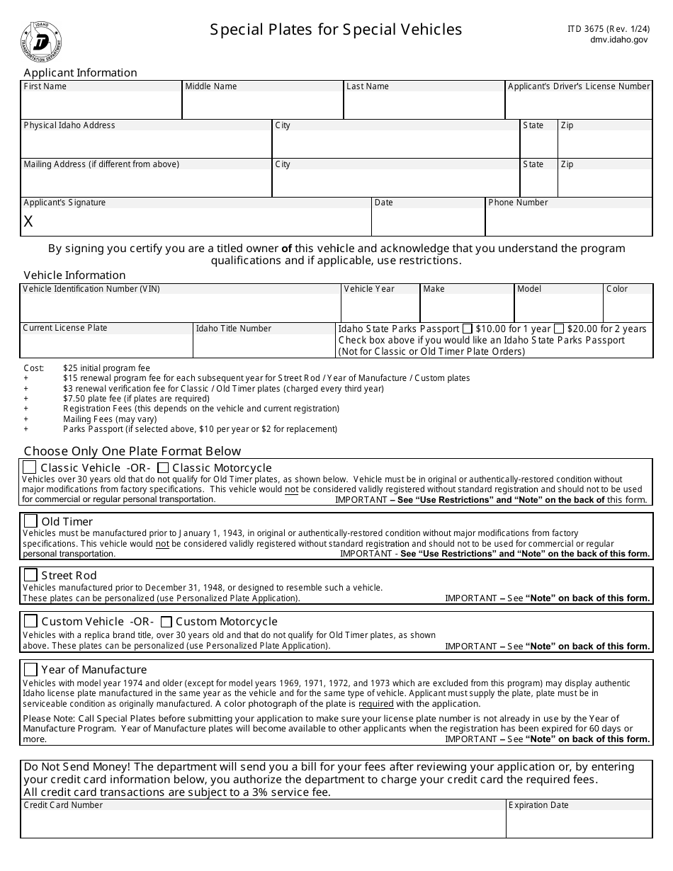Form ITD3675 Special Plates for Special Vehicles - Idaho, Page 1