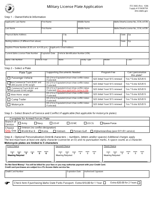 Form ITD2682 Military License Plate Application - Idaho