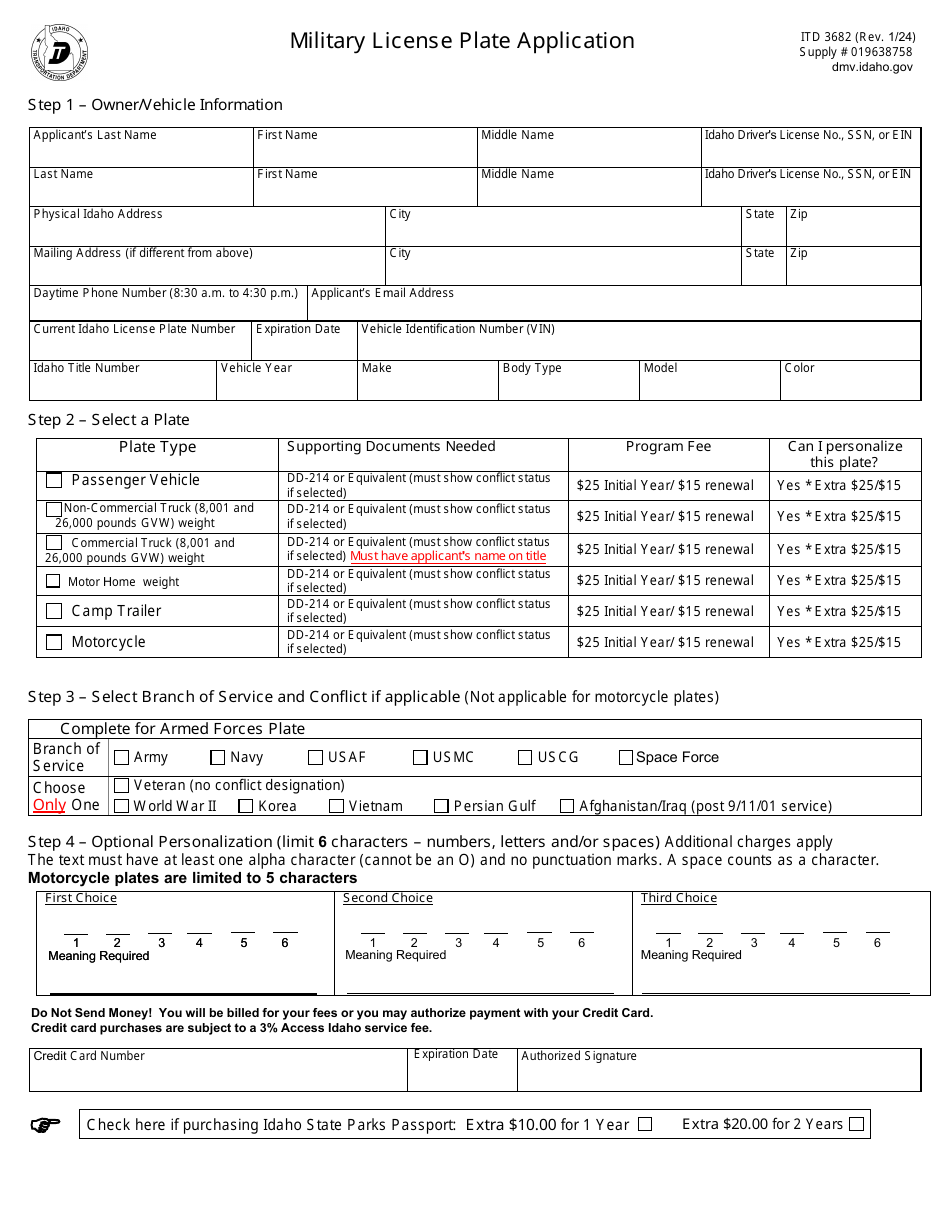 Form ITD2682 Military License Plate Application - Idaho, Page 1