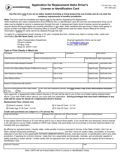 Form ITD0020 Application for Replacement Idaho Driver's License or Identification Card - Idaho