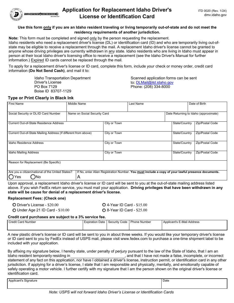 Form ITD0020 Application for Replacement Idaho Drivers License or Identification Card - Idaho, Page 1