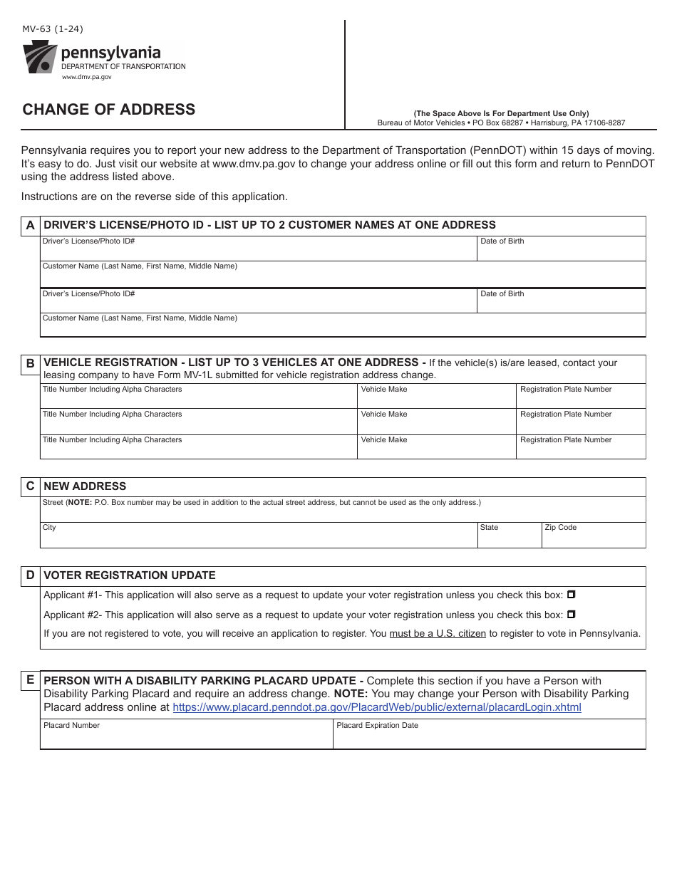 Form MV-63 Change of Address - Pennsylvania, Page 1