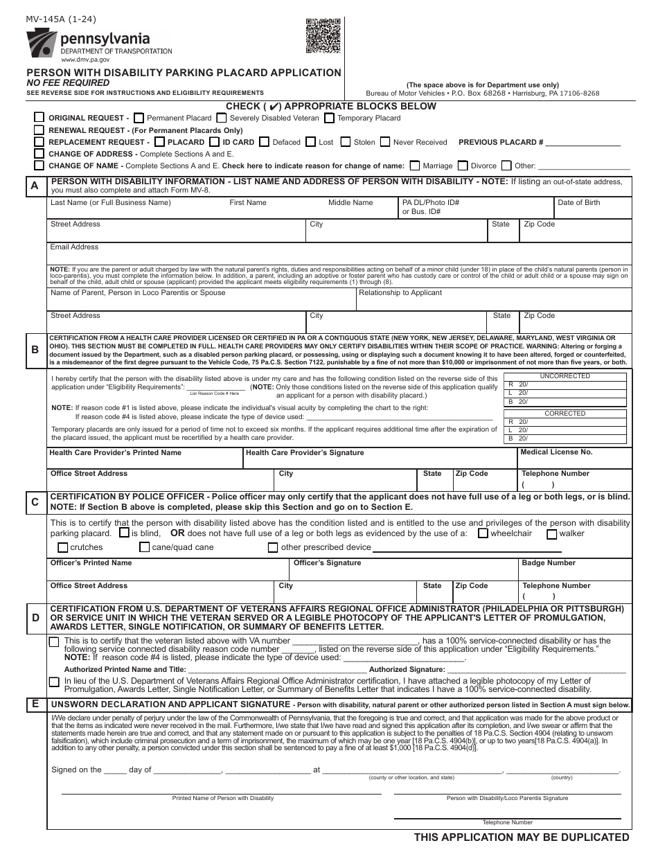 Form MV-145A Person With Disability Parking Placard Application - Pennsylvania, Page 1