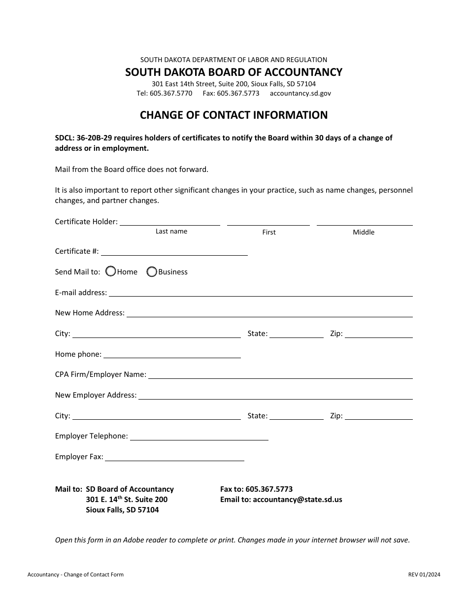 Change of Contact Information - South Dakota, Page 1