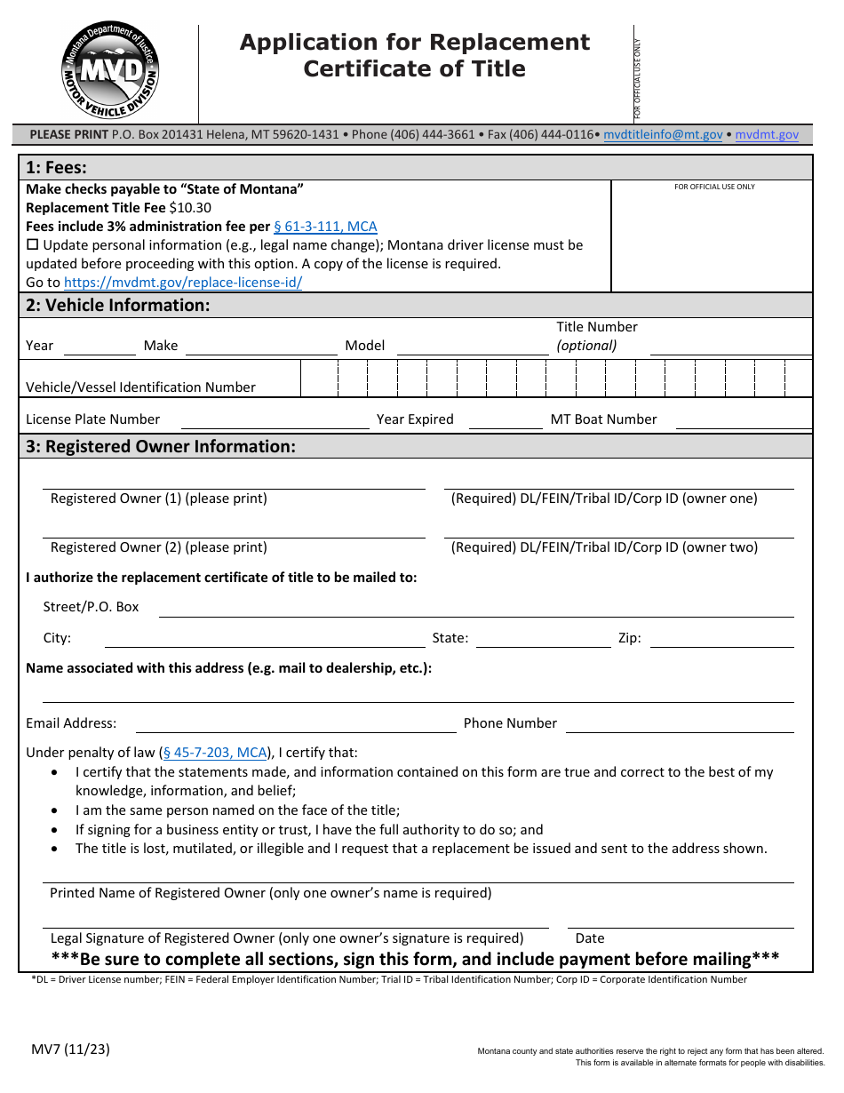 Form MV7 Download Fillable PDF or Fill Online Application for