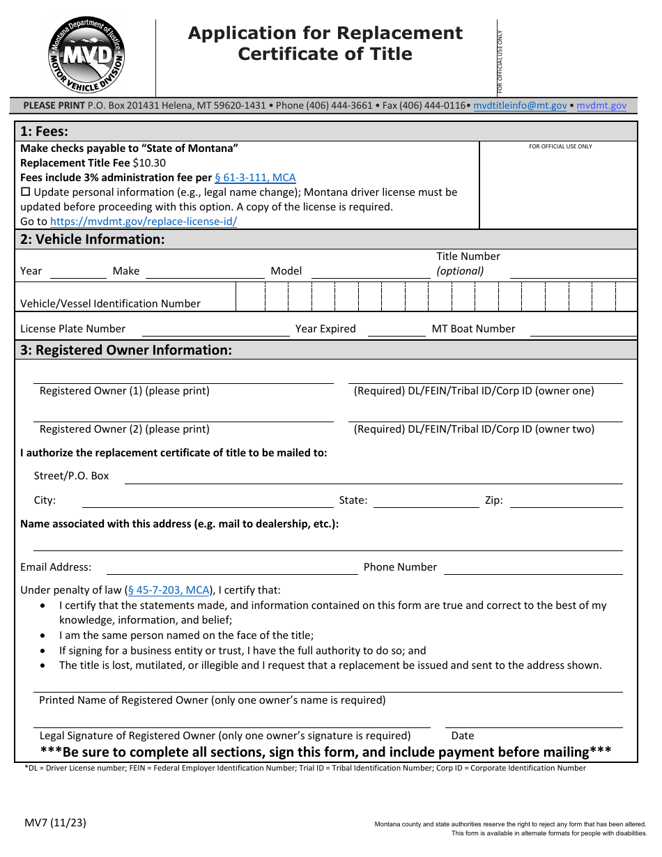 Form MV7 Application for Replacement Certificate of Title - Montana, Page 1