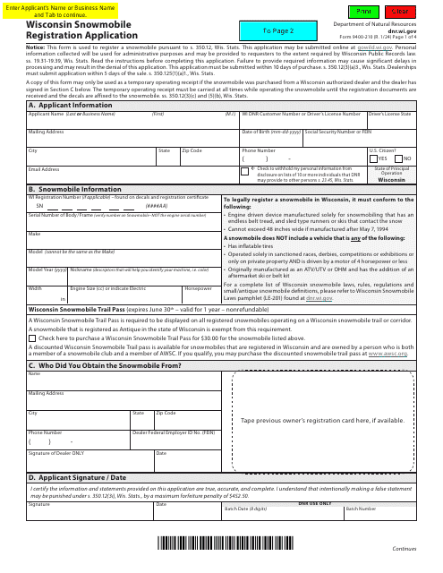 Form 9400'210 Wisconsin Snowmobile Registration Application - Wisconsin