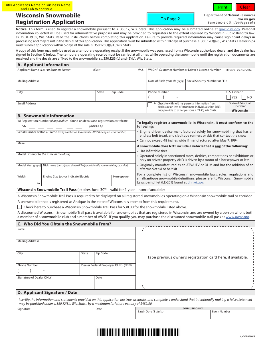 Form 9400210 Wisconsin Snowmobile Registration Application - Wisconsin, Page 1
