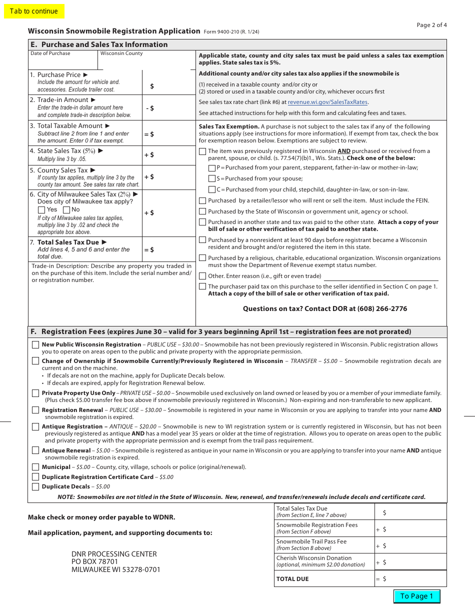 Form 9400210 Wisconsin Snowmobile Registration Application - Wisconsin, Page 2