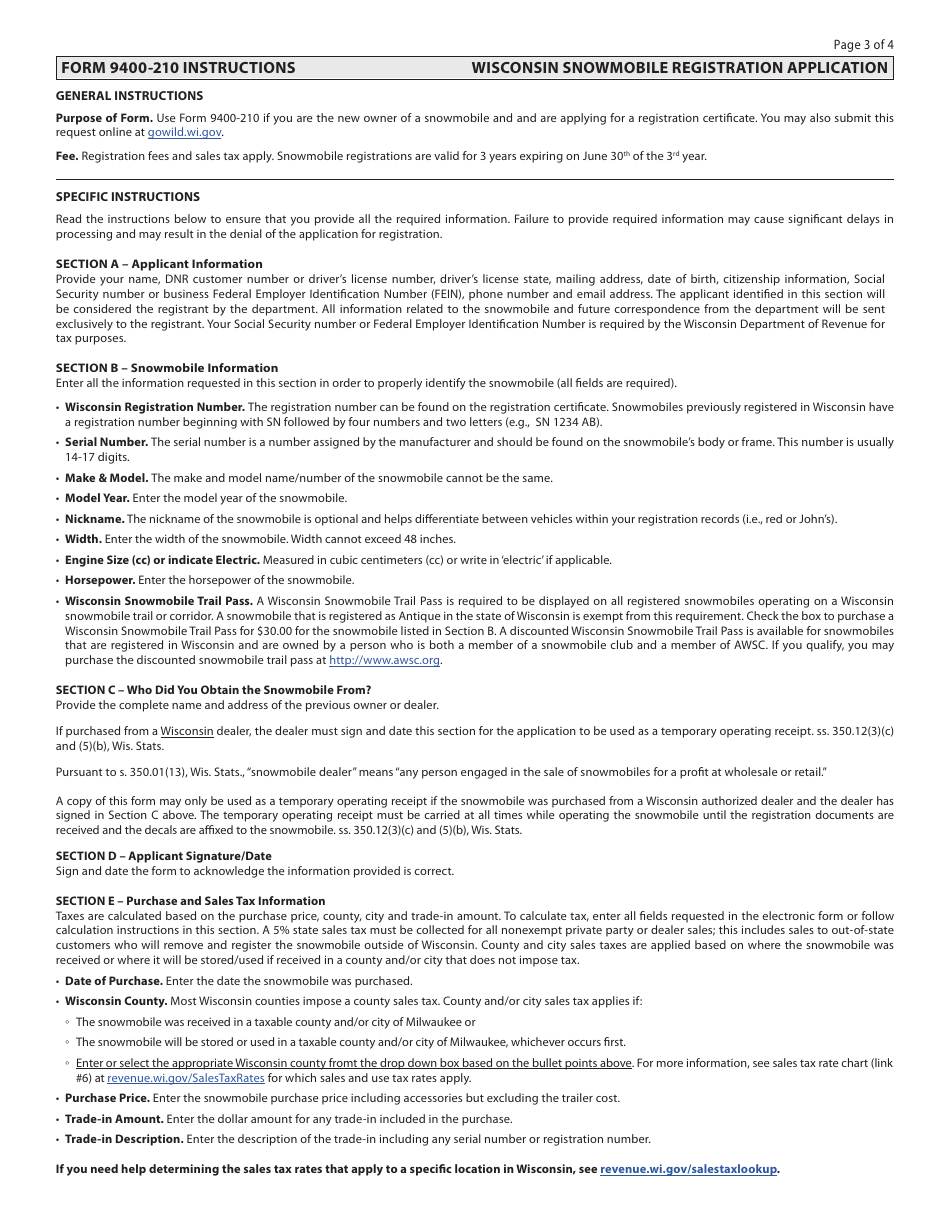 Form 9400210 Wisconsin Snowmobile Registration Application - Wisconsin, Page 3