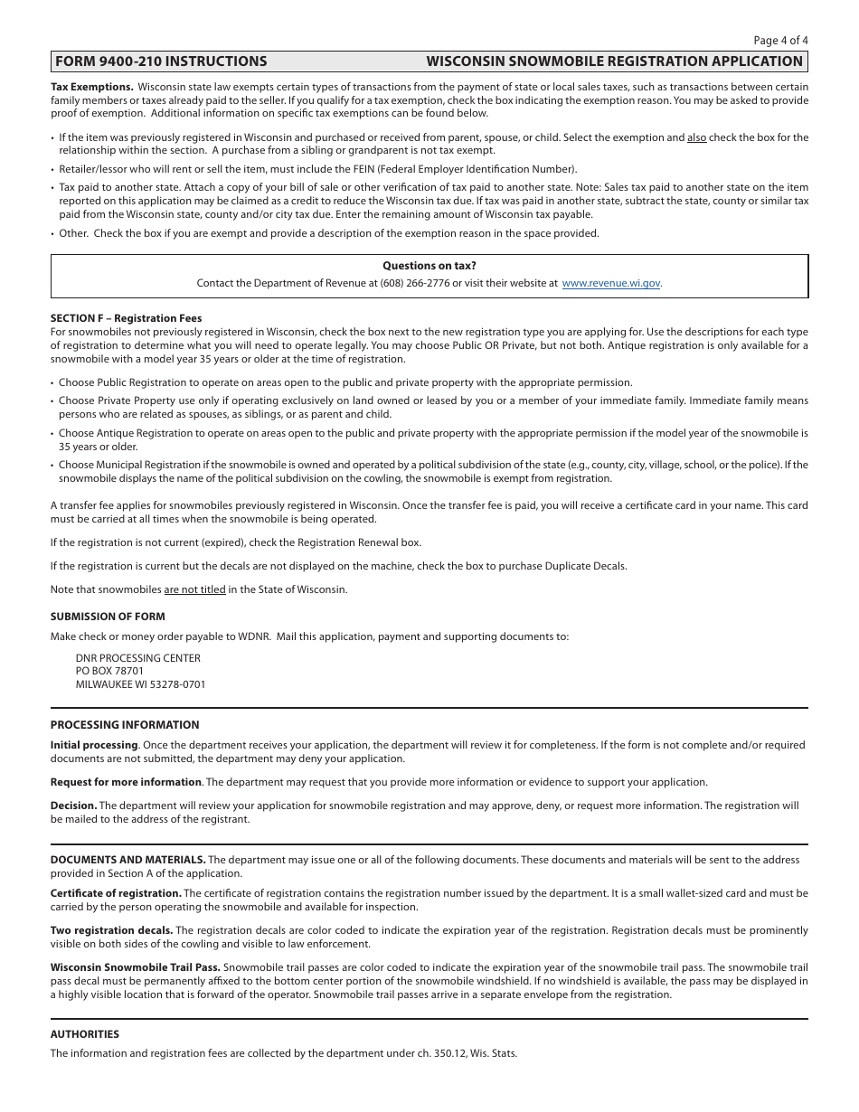 Form 9400210 Wisconsin Snowmobile Registration Application - Wisconsin, Page 4