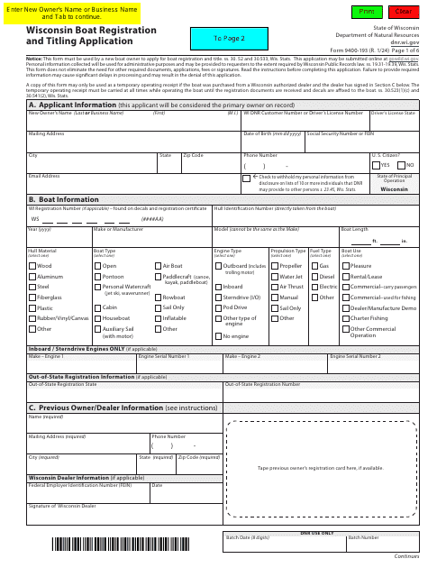 Form 9400-193 Wisconsin Boat Registration and Titling Application - Wisconsin